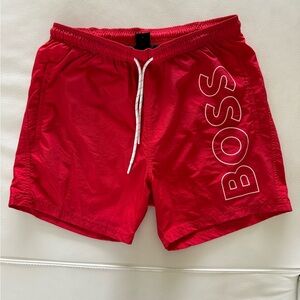 Hugo Boss Red Men's Swim Trunks with White Lettering & Drawstring